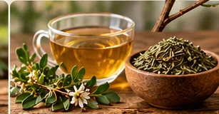 Herbal tea in a clear cup with dried leaves