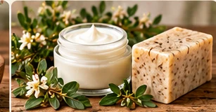 Unbranded white cream jar and botanical soap